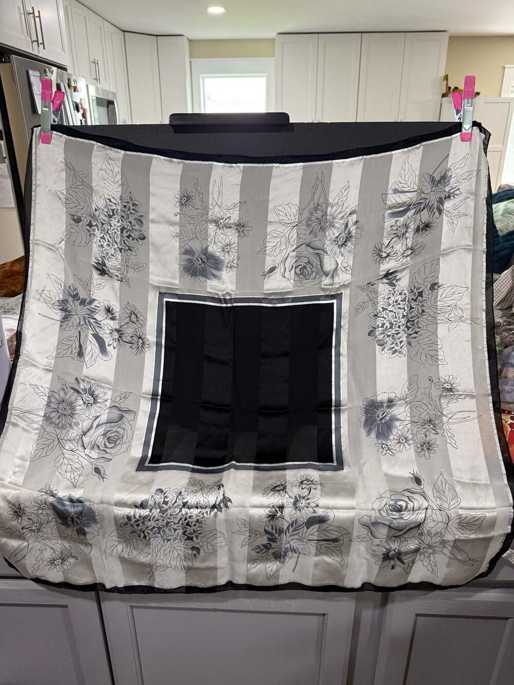 The Specialty House Black and White Floral Striped 100% Silk Square Scarf